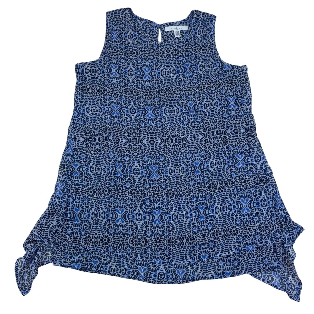 Fever Womens Blue Geometric Floral Chiffon Sharkbite Hem Sleeveless Tank Top S